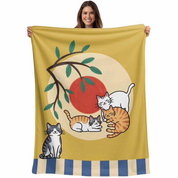 Yellow Cat Cartoon Blanket Soft Cozy Warm Throw Blanket for Couch, Plush Fuzzy Flannel Fleece Blankets for Sofa, Summer Botanical Sun Modern Art Bed Blankets Lightweight Gifts for Women, 30"x40"