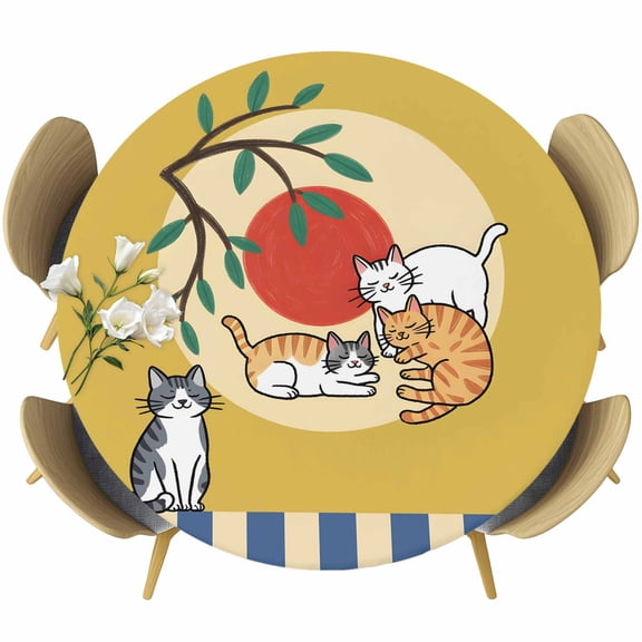 Yellow Cat Cartoon Round Tablecloth, Fitted Table Cover with Elastic for 36"-44" Round Tables, Summer Botanical Sun Modern Art Table Cloth Outdoor Indoor Dinning Party Waterproof Tablecloths