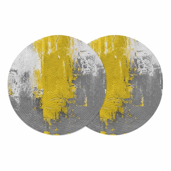 Yellow Cement Gray Round 13 Inch Placemats Set of 2, Modern Abstract Art Yellow HeatResistant Non Slip Place Mats for Dining Table, Wipeable Braided Kitchen Table Mats for Housewarming