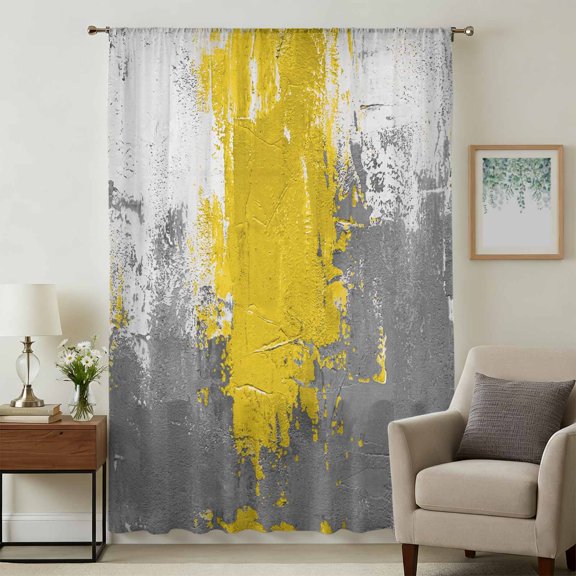 Yellow Cement Gray Sheer Curtains 72 Inches Long for Living Room, Modern Abstract Art Yellow Light Filtering Privacy Drapes, Breathable Semi Sheer Window Treatment for Bedroom Dining Room