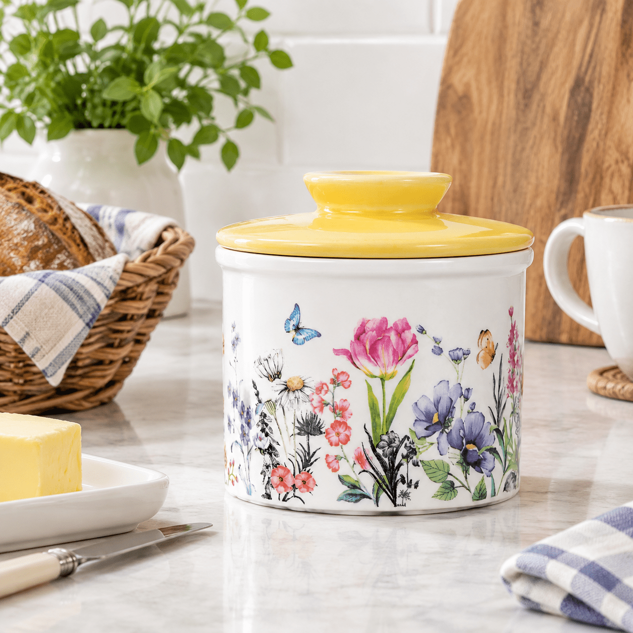 Yellow Ceramic Butter Crock With Floral Design, 3.9 Inch Countertop ...