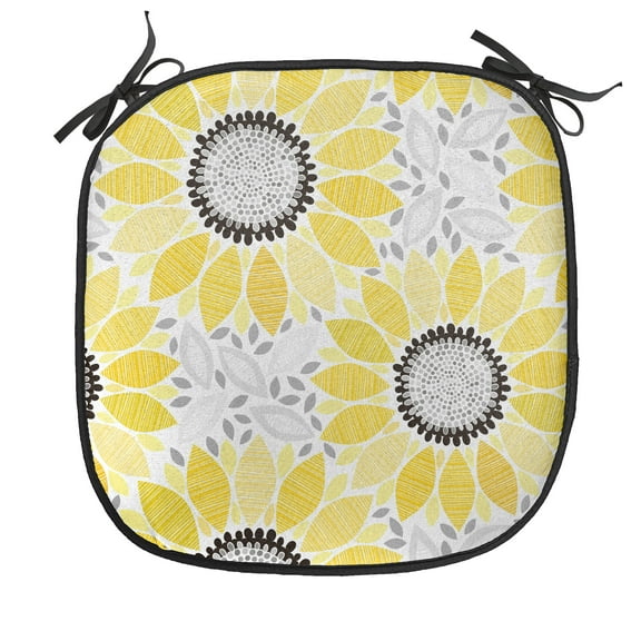 Yellow Chair Seating Cushion, Colorful Illustration of Sun Flower with Motifs and Patterns Summer Nature Artprint, Soft Seat Pads for Office with Anti-slip Backing, 16"x16", Yellow Grey, by Ambesonne