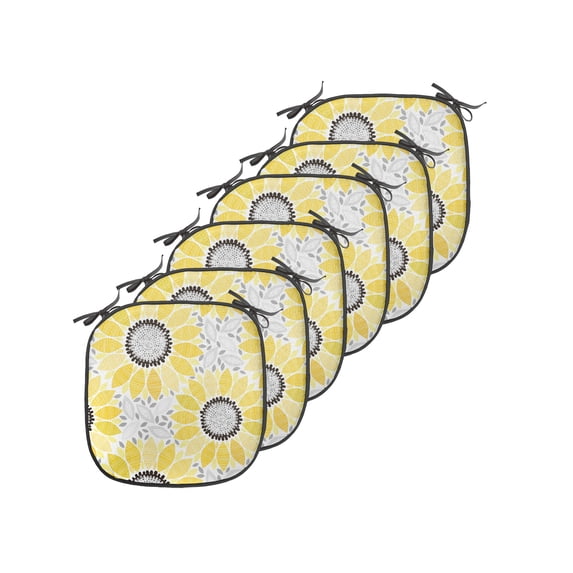 Yellow Chair Seating Cushion Set of 6, Colorful Illustration of Sun Flower with Motifs and Patterns Summer Nature Artprint, Seat Pads with Anti-slip Backing, 16"x16", Yellow Grey, by Ambesonne