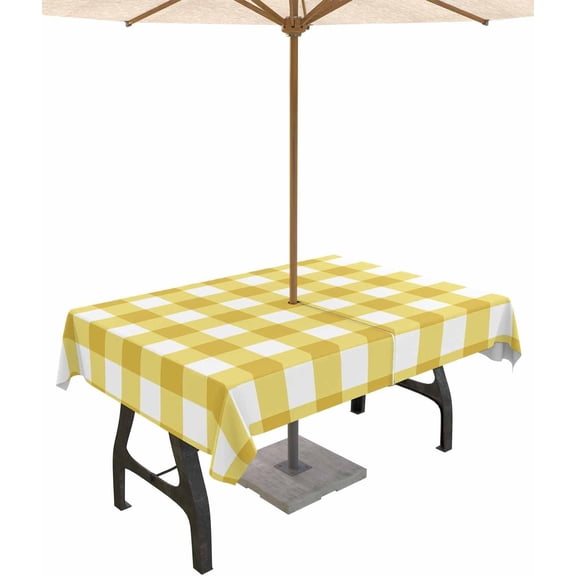 Yellow Check Outdoor Rectangle Tablecloth with Umbrella Hole 60x120inch Waterproof Tablecloth Zippered Patio Table Cloth, Buffalo Plaid Summer Wrinkle-Free Decorative Table Cover for Picnic Dining