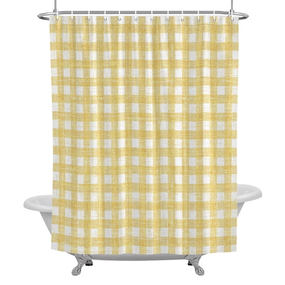 Yellow Check Shower Curtain, Modern Farmhouse Linen Texture Waterproof Fabric Bathroom Shower Curtains Set with Hooks, 72 X 72 Inch Long