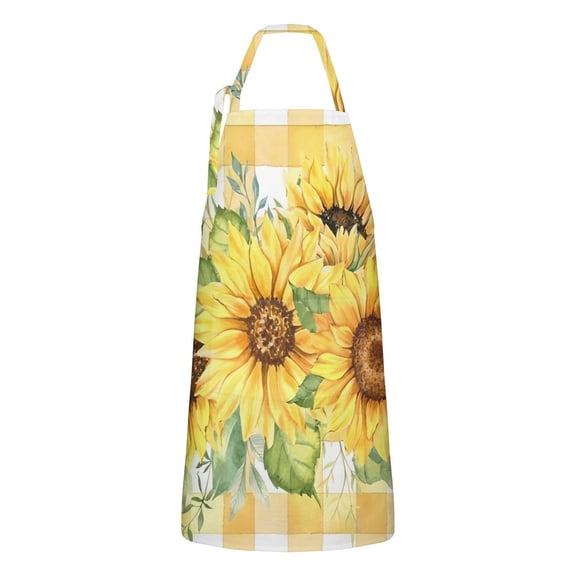 Yellow Checker Sunflower Bouquet Pattern Apron-Garden Aprons for Women with Pockets-Cotton Linen Waterproof Kitchen Cooking Gardening Aprons Adjustable for Kitchen,Cooking,BBQ and Salon 33x27 Inch
