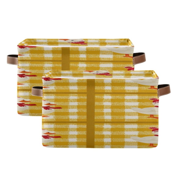 Yellow Checkerboard Cute Duck Wear Christmas Hat Square Storage Bins with Handles Collapsible Containing Box 2 Packs