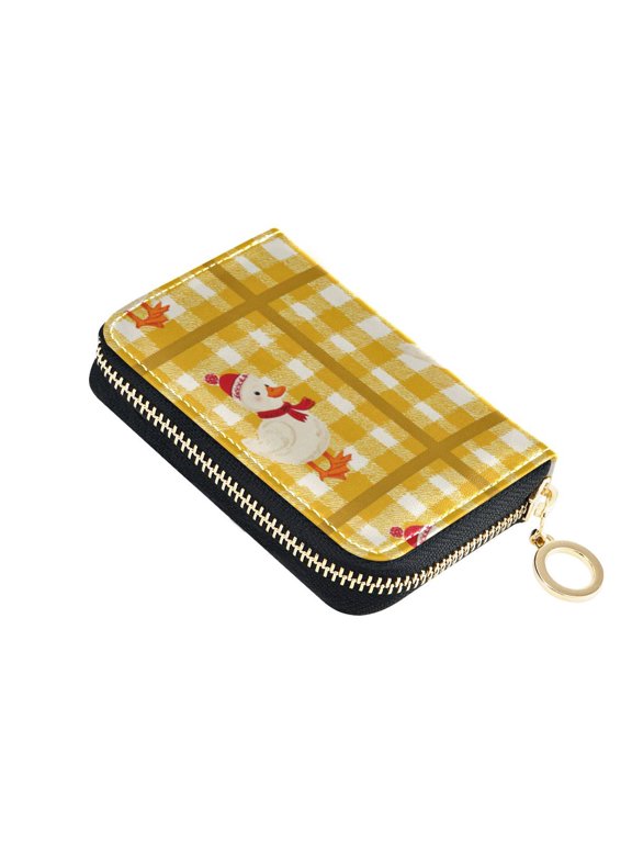 Yellow Checkerboard Cute Duck Wear Christmas Hat Women's Credit Card Holder PU Leather Zipper Wallet RFID Blocking