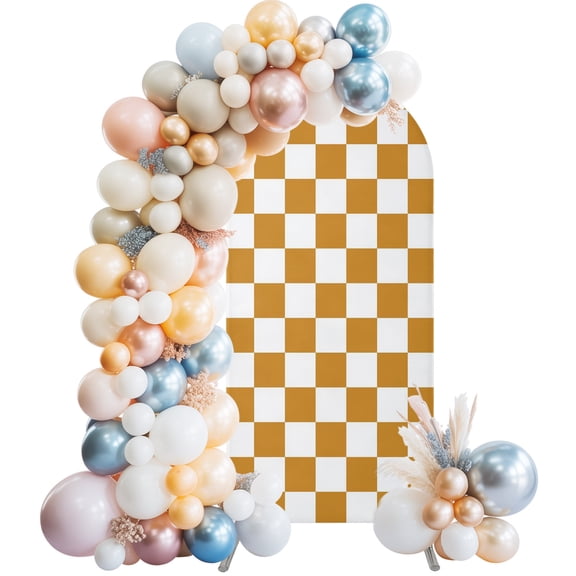 Yellow Checkerboard Pattern Wedding Arch Backdrop Cover 4FT ,Spandex Fitted Autumn Fabric Print Wedding Arch Covers Round Top Chiara Arches Backdrop Stand Cover for Birthday Party Ceremony Banquet