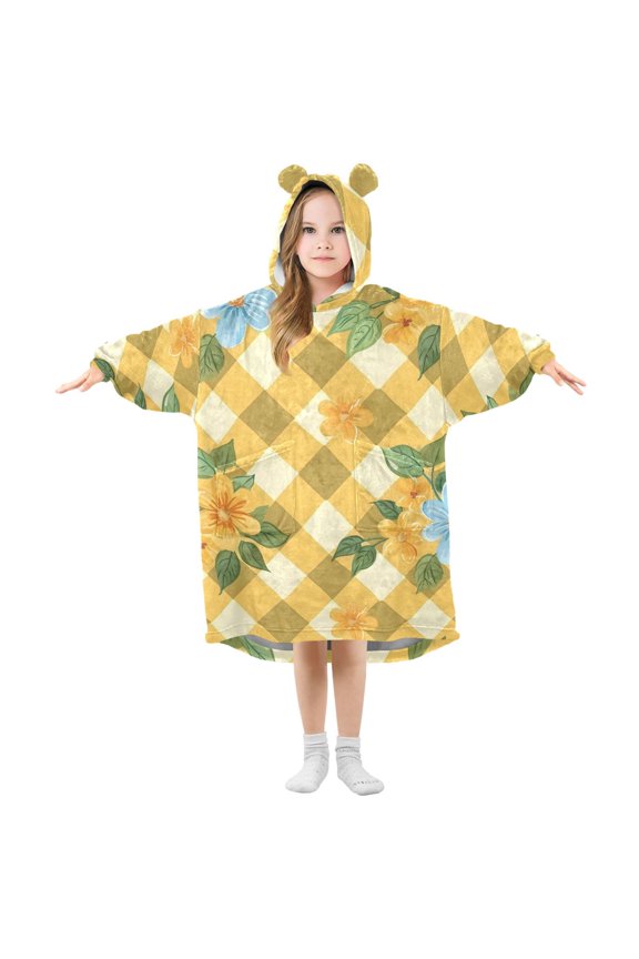 Yellow Checkerboard and Flower Flannel Wearable Blankets Hooded Design Long Sleeves Wrap Unisex for 3T-14Y L