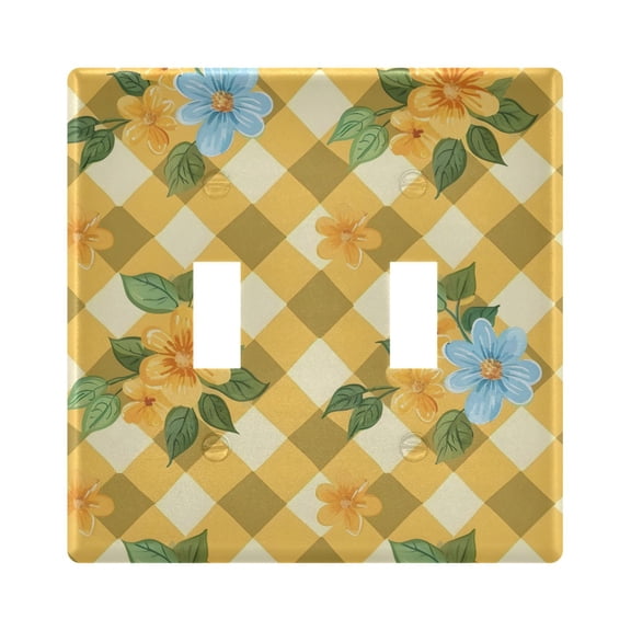 Yellow Checkerboard and Flower Light Switch Cover Electrical Outlet Cover Replaceable Wall Plates 2-Gang
