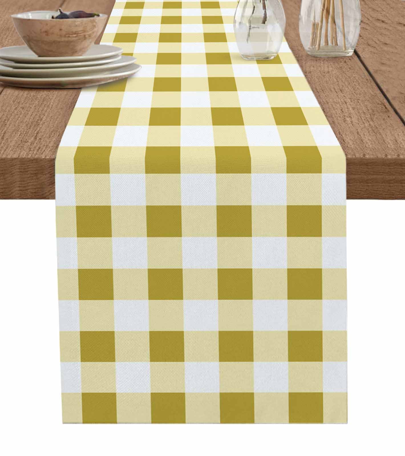 Yellow Checkered Burlap Cotton Table Runner 14x72 Inches Long, Farmhouse Buffalo Plaid Farmhouse Table Runners, Outdoor Dining Tablecloths Decor for Baby Shower/Party/Wedding