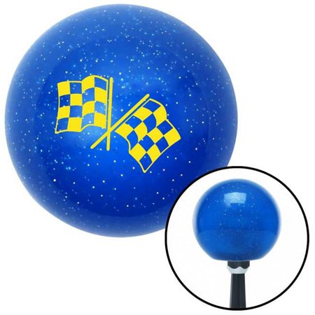 Yellow Checkered Flags Blue Metal Flake Shift Knob with M16 x 1.5 Insert Shifter