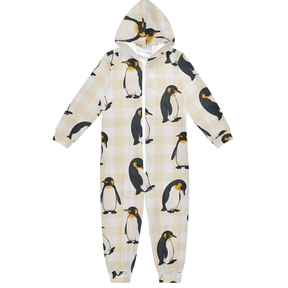 Yellow Checkered Penguin Boys & Girls Hooded One-Piece Pajamas Warm Crystal velvet Hooded Long Sleeve Loungewear Jumpsuit Unisex