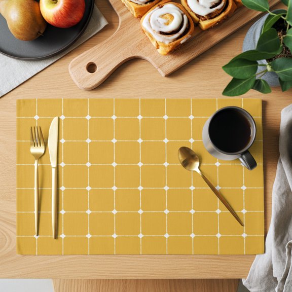 Yellow Checkered Placemats Set of 2, Modern Minimalist Geometric Grid Lines Plaid Heat Insulated Linen Place Mats, Washable Stain-Proof Table Mats for Dining Tables Holiday Decor 13x19 Inches