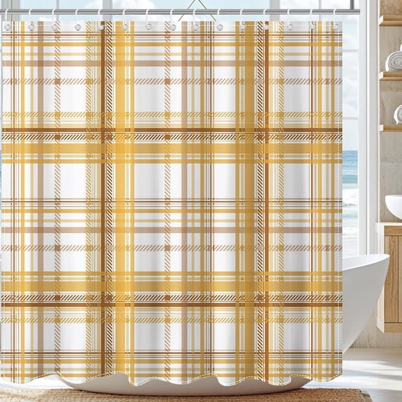 Yellow Checkered Shower Curtain for Bathroom Vintage Abstract Striped Grid Plaid Shower Curtain with Hooks Waterproof Fabric Bath Curtain 72"W x 72"L (Pack of 1)