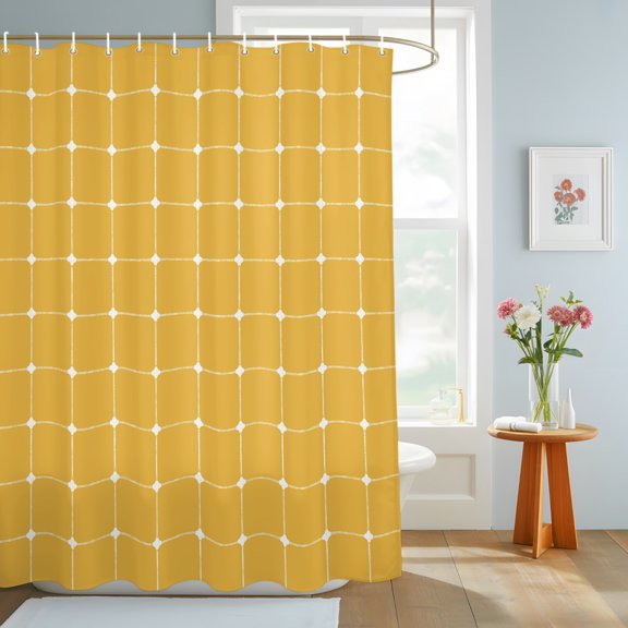 Yellow Checkered Shower Curtain, Modern Minimalist Geometric Grid Lines Plaid Waterproof Washable Shower Curtain for Bathroom Bathtub Partition Bath Decoration Set with Hooks 36x72in