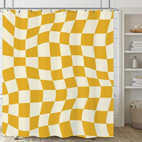 Yellow Checkered Shower Curtain Retro Modern Shower Curtain for Bathroom Set Grid Groovy Funky Cute Fabric Waterproof Shower Curtain for Bathtub Decoration Inch with Hooks 70"W x 72"L (Pack of 1)