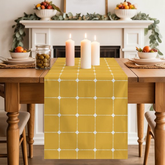 Yellow Checkered Table Runner, Modern Minimalist Geometric Grid Lines Plaid Washable Cotton-linen Table Runners Dining Kitchen Decoration for Everyday Home Wedding Party Decor, 13 x 70 Inch