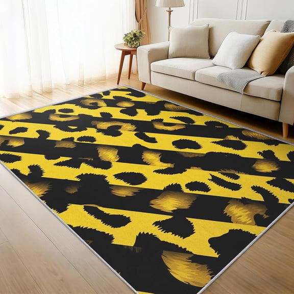 Yellow Cheetah Stripe Area Rug, Diagonal Animal Pattern Indoor Carpet, Washable Non Slip Low Pile Soft Thin Rug for Living Room Bedroom Home Decor Mat 3x5ft