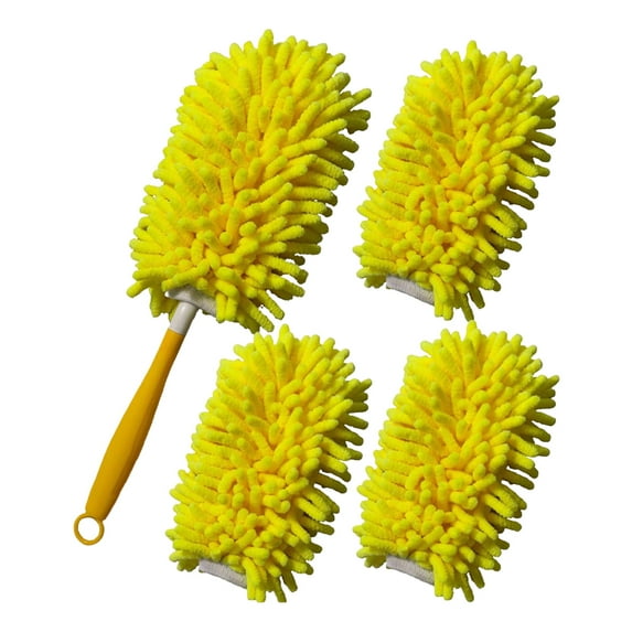 Yellow Chenille Duster, Desktop Sweeper, Foldable Detachable Dust Brush - 4 Reusable Microfiber Refills Reinforced Interface, Compatible With Extended/Long Handles - For
