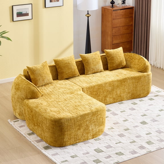 Yellow Chenille L-Shaped Compressed Sofa, Compatible with Any Living Room, High-Elastic Sponge for Comfortable Seating, Curved Armrests & Four Throw Pillows