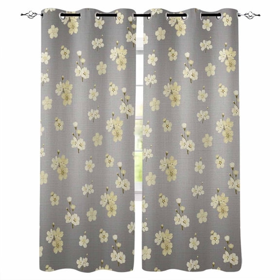 Yellow Cherry Flowers Blackout Curtains for Bedroom Living Room Darkening Curtains 63 Inches Long Vintage Spring Floral Gray Linen Window Curtain 2 Panels Set Window Treatment Grommet Drapes 42"x63"