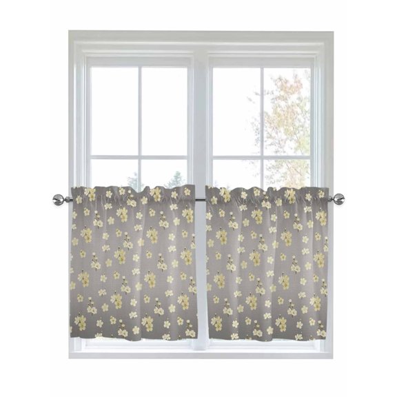 Yellow Cherry Flowers Kitchen Curtains Tier 24 Inch Length, Vintage Spring Floral Gray Linen Rod Pocket Light Filtering Window Curtains Living Room Bedroom Curtain Drapes Cafe Curtain 27.5''x24''x2