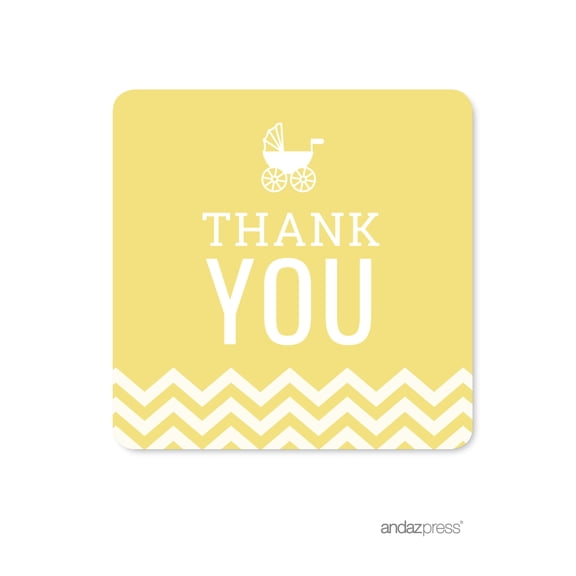 Yellow Chevron Baby Shower Square Label Stickers, Thank You, 40-Pack
