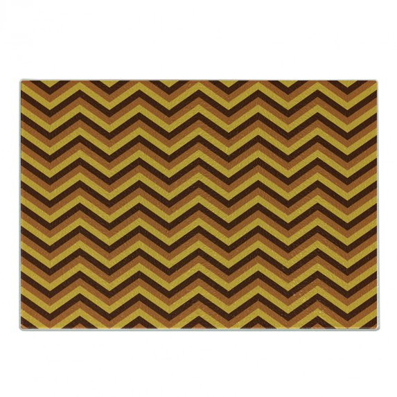 Yellow Chevron Cutting Board, Chevron Pattern with Yellow and Brown Lines Classical Retro, Decorative Tempered Glass Cutting and Serving Board, Small Size, Pale Brown Marigold, by Ambesonne