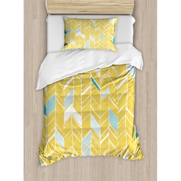 Yellow Chevron Duvet Cover Set, Herringbone Pattern Zig Zag Lines in Hand Drawn Doodle Art Style, Decorative 2 Piece Bedding Set with 1 Pillow Shams, Twin Size, Pale Blue Mustard, by Ambesonne