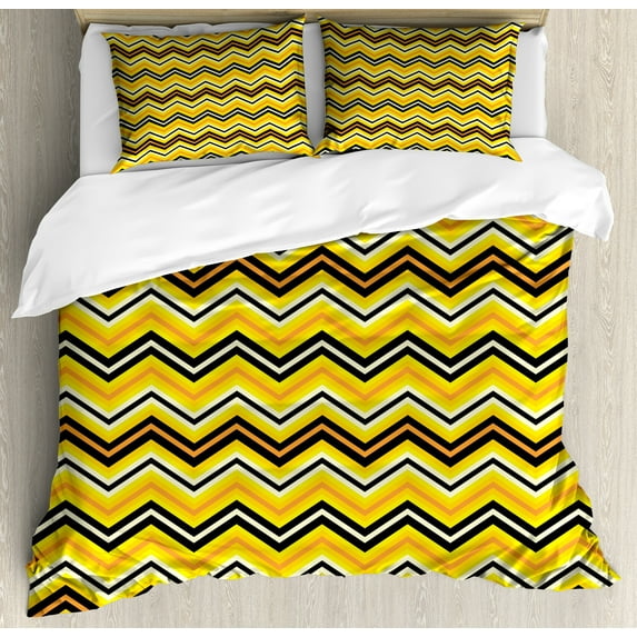 Yellow Chevron Duvet Cover Set, Horizontal Zigzag Stripes in Vibrant Colors Modern Graphic, Decorative 3 Piece Bedding Set with 2 Pillow Shams, Calking Size, Yellow Orange Black, by Ambesonne