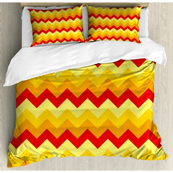 Yellow Chevron Duvet Cover Sets, Arrows Geometric Design in Vibrant Warm Colors Waves Classical, Bedding Set with 2 Duvet Covers & 4 Pillowcases, 2 Pack King Size, Red Apricot Marigold, by Ambesonne