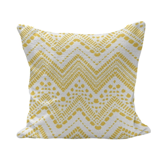 Yellow Chevron Fluffy Throw Pillow Cushion Cover, Hand Drawn Aztec Pattern Primitive Clan Motif with Dashed Lines Artwork, Decorative Square Accent Pillow Case, 26" x 26", Mustard White, by Ambesonne