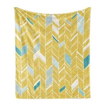 Yellow Chevron Soft Flannel Fleece Throw Blanket, Herringbone Pattern Zig Zag Lines in Hand Drawn Doodle Art Style, Cozy Plush for Indoor and Outdoor Use, 50" x 70", Pale Blue Mustard, by Ambesonne