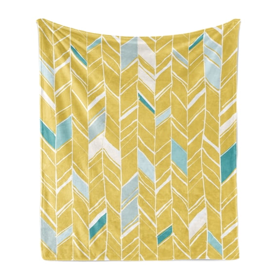 Yellow Chevron Soft Flannel Fleece Throw Blanket, Herringbone Pattern Zig Zag Lines in Hand Drawn Doodle Art Style, Cozy Plush for Indoor and Outdoor Use, 50" x 70", Pale Blue Mustard, by Ambesonne