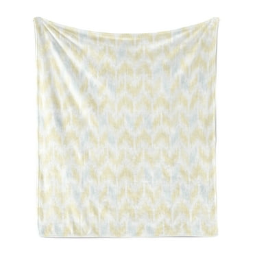Yellow Chevron Soft Flannel Fleece Throw Blanket, Ikat Style Abstract Sketchy Looking Faded Zigzag Motif Tile, Cozy Plush for Indoor and Outdoor Use, 50" x 60", Marigold Pale Blue White, by Ambesonne