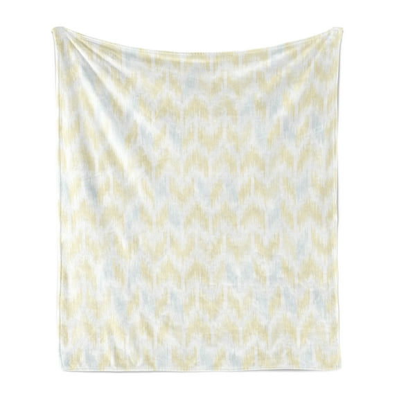 Yellow Chevron Soft Flannel Fleece Throw Blanket, Ikat Style Abstract Sketchy Looking Faded Zigzag Motif Tile, Cozy Plush for Indoor and Outdoor Use, 60" x 80", Marigold Pale Blue White, by Ambesonne