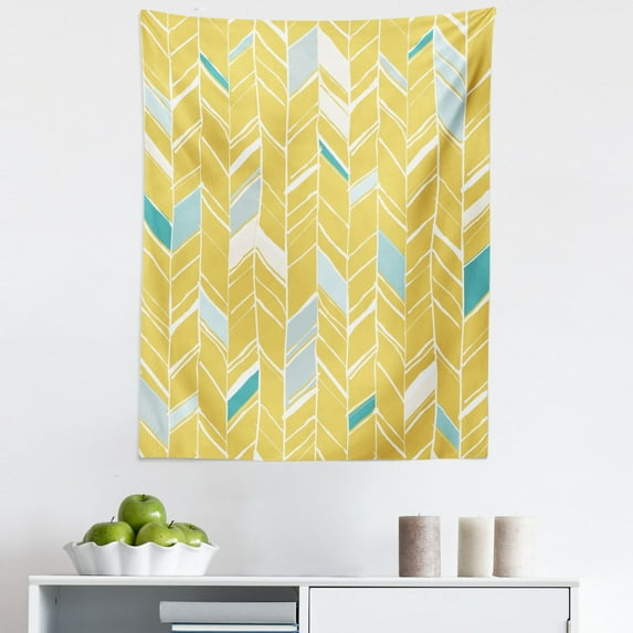 Yellow Chevron Tapestry, Herringbone Pattern Zig Zag Lines in Hand Drawn Doodle Art Style, Fabric Wall Hanging Decor for Bedroom Living Room Dorm, 5 Sizes, Pale Blue Mustard, by Ambesonne