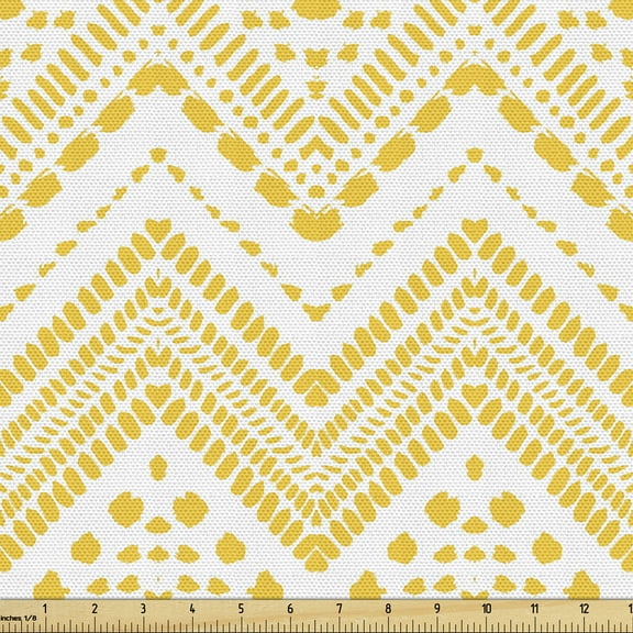 Ambesonne Yellow Chevron Fabric by the Yard Upholstery, Colorful Folk Zigzag, 2 Yards, Mustard White
