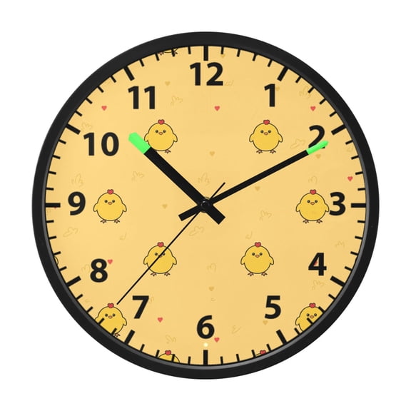 Yellow Chick Wall Clock 12 Inch Voice Activated Night Light Silent Non Ticking