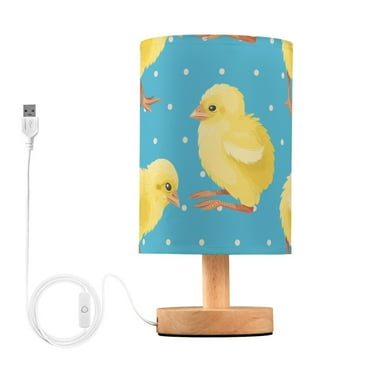 Yellow Chicken on Blue Bedside Table Lamp LED Warm Lights with USB Charging Port Retro Cylinder Desk Lamps