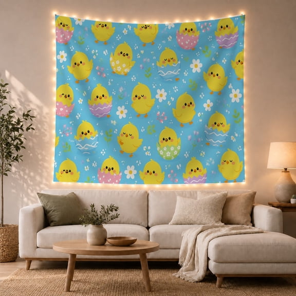 Yellow Chicks in Colorful Eggshells on Blue Background Whimsical Illustration for Kids Boys Girls Cute Animal Wall Art Birthday Gift Tapestry Wall Hanging for Nursery and Playroom