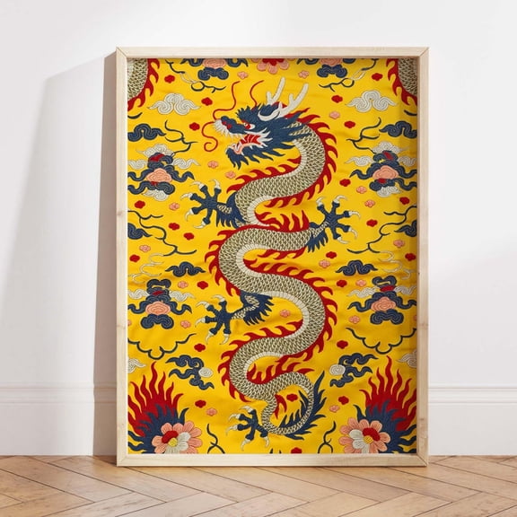 Yellow Chinese Dragon Asian Mythical Wall Decor, Unframed Paper Poster 8x10in