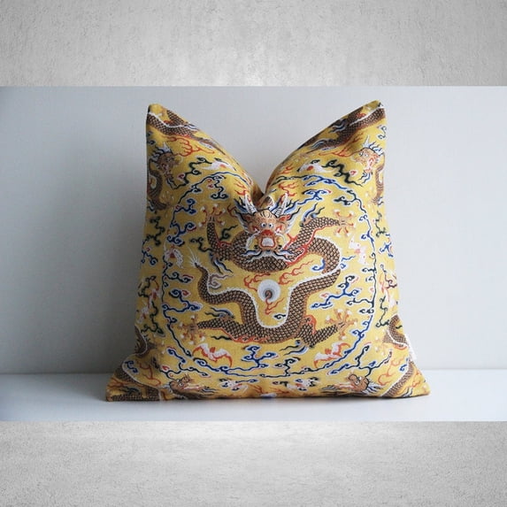 Yellow Chinese Dragon Blue Clouds Polyester Velvet Throw Pillow Cover ...