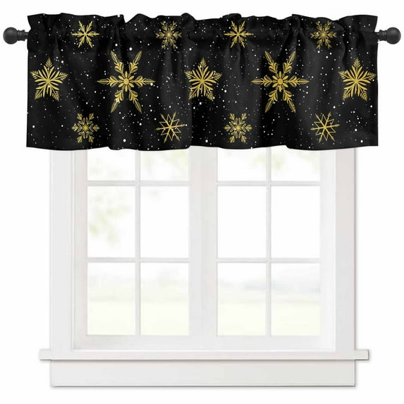 Yellow Christmas Snowflakes Valances for Windows, Winter Snow Abstract Black Light Filtering Window Treatment Valances, Rod Pocket Small Curtains for Kitchen/Bathroom, 42"x18"
