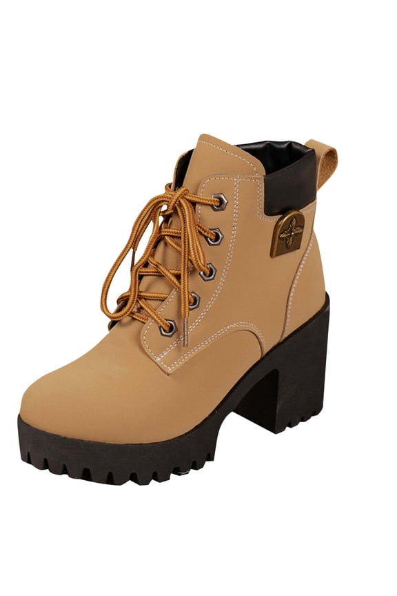 Yellow Chunky Heel Ankle Boots For Women With Metal Decor And Platform Sole Round Toe Comfortable Ideal For Seasonal And Casual Use In Fall And Winter