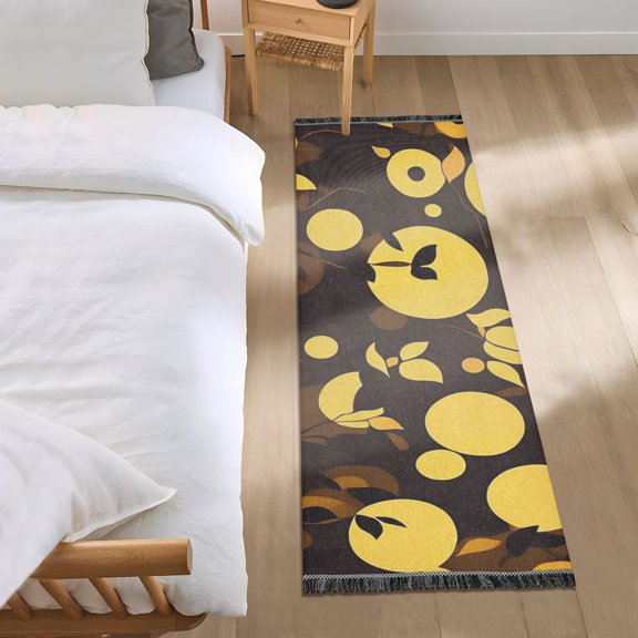 Yellow Circle with Black Leaves Bedroom Runner Rug 2'x 6' Non Slip Carpet Indoor Home Area Rug Living Room