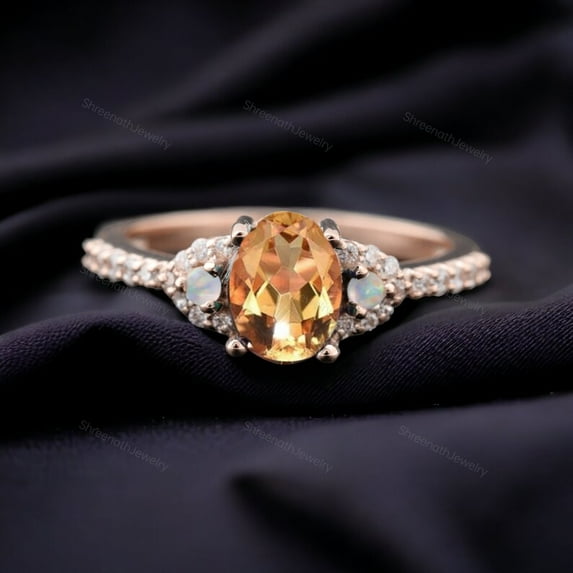 Yellow Citrine Engagement Ring November Birthstone Bridal Ring Delicate Diamond Promise Ring Rose Gold Plated Jewelry Unique Stacking Gift
