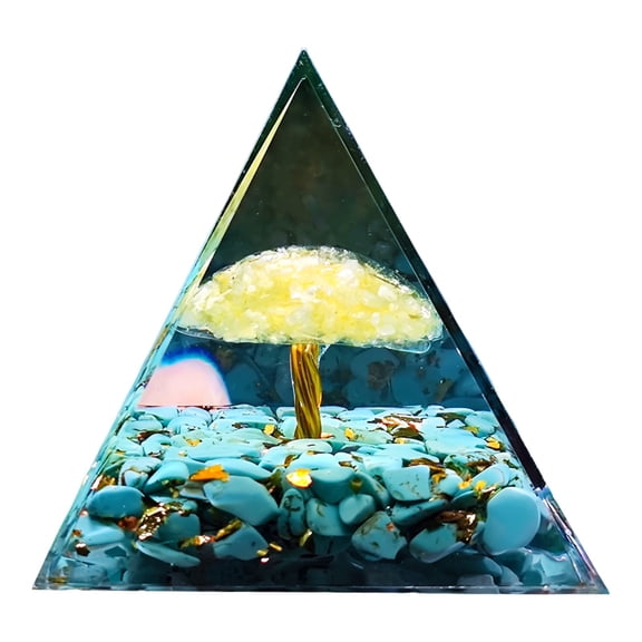 Yellow Citrine & Turquoise Crystal Pyramid, 2.4 in / 6 cm Orgone Energy Generator, Handmade Chakra Balancing Stone Ornament for Positive Energy, Meditation, Spiritual Wellness, Home Décor Gift